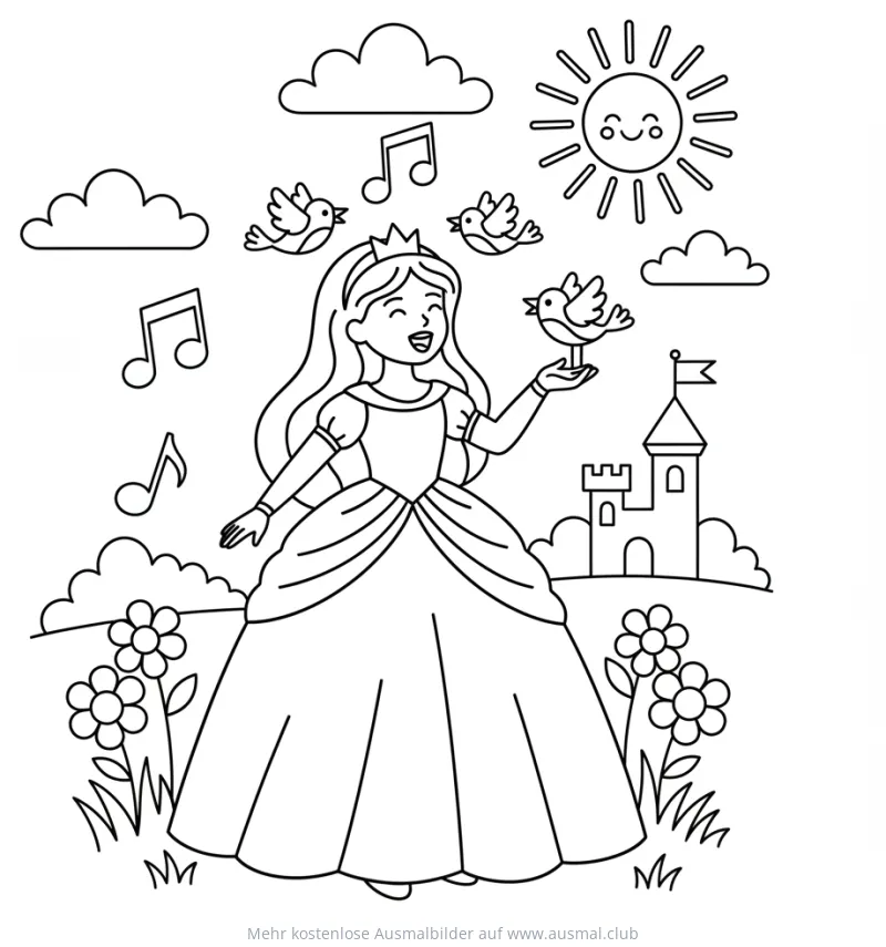 Prinzessin mit Vögeln Ausmalbild vor Schlosskulisse