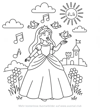 Prinzessin mit Vögeln Ausmalbild vor Schlosskulisse