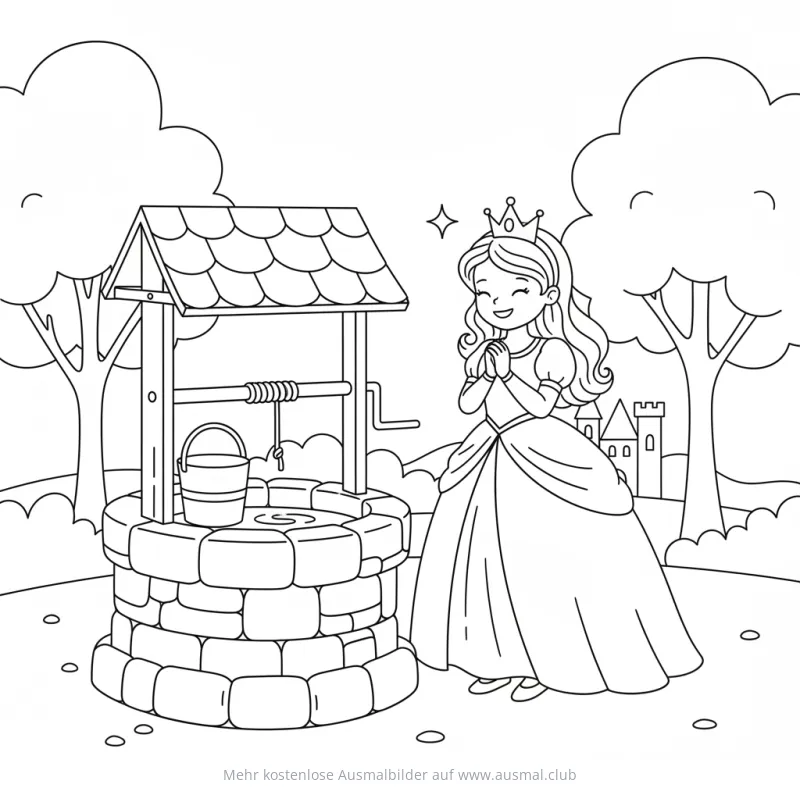 Prinzessin am Wunschbrunnen Ausmalbild mit Schloss im Hintergrund