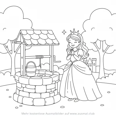 Prinzessin am Wunschbrunnen Ausmalbild mit Schloss im Hintergrund