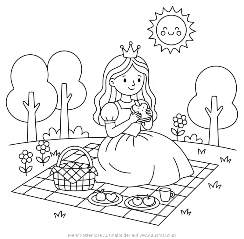 Prinzessin macht Picknick mit Obst und Sandwich Ausmalbild