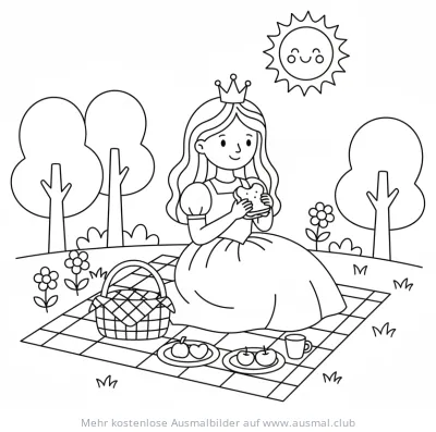 Prinzessin macht Picknick mit Obst und Sandwich Ausmalbild