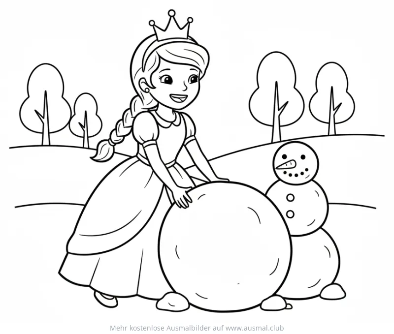 Prinzessin baut Schneemann Ausmalbild