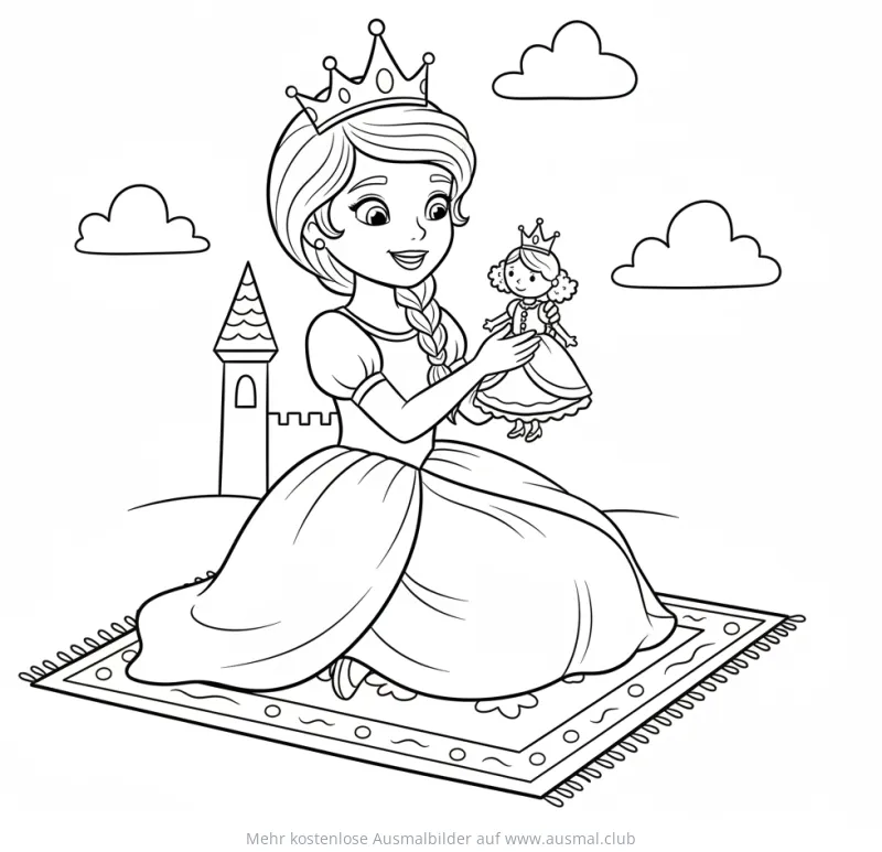 Prinzessin mit Puppe Ausmalbild vor Schloss