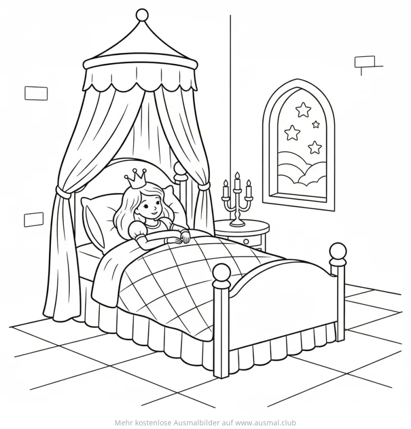 Schlafende Prinzessin im Himmelbett Ausmalbild