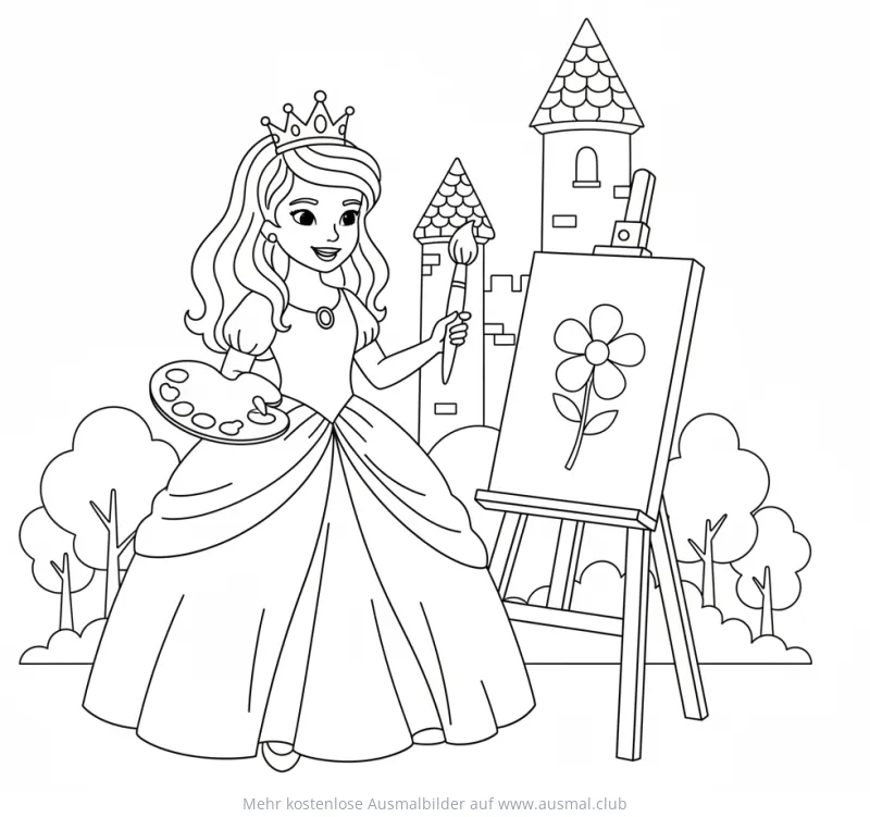 Prinzessin malt Blumenbild Ausmalbild