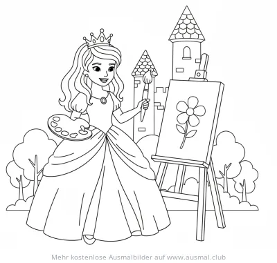 Prinzessin malt Blumenbild Ausmalbild