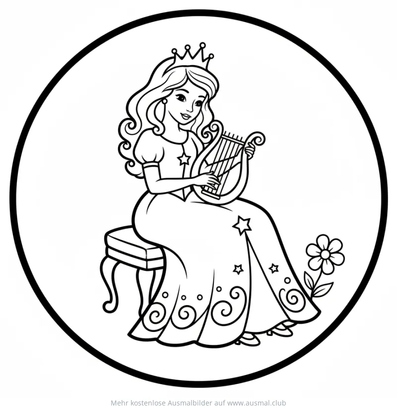 Prinzessin spielt Harfe Ausmalbild