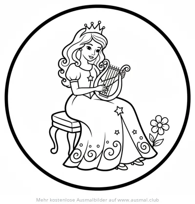 Prinzessin spielt Harfe Ausmalbild
