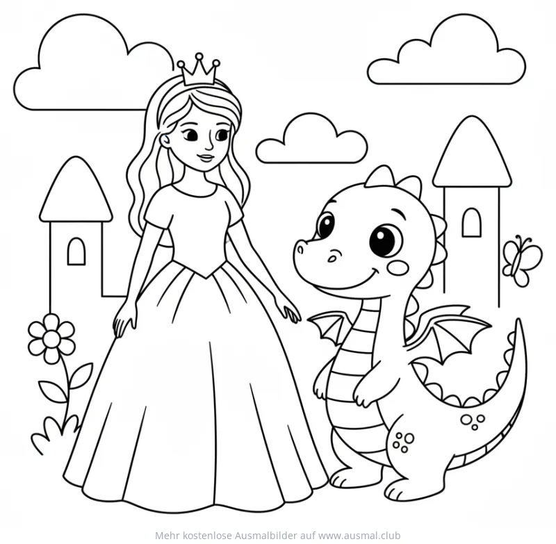 Prinzessin mit Drachenbaby Ausmalbild vor Märchenkulisse