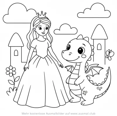 Prinzessin mit Drachenbaby Ausmalbild vor Märchenkulisse