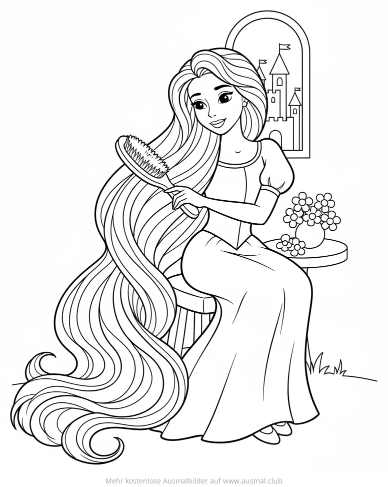 Prinzessin bürstet ihre langen Haare Ausmalbild