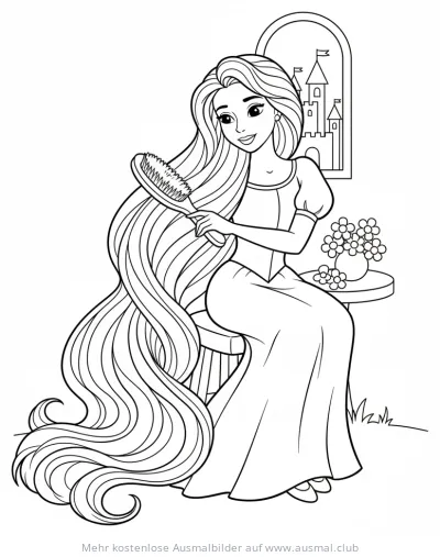 Prinzessin bürstet ihre langen Haare Ausmalbild