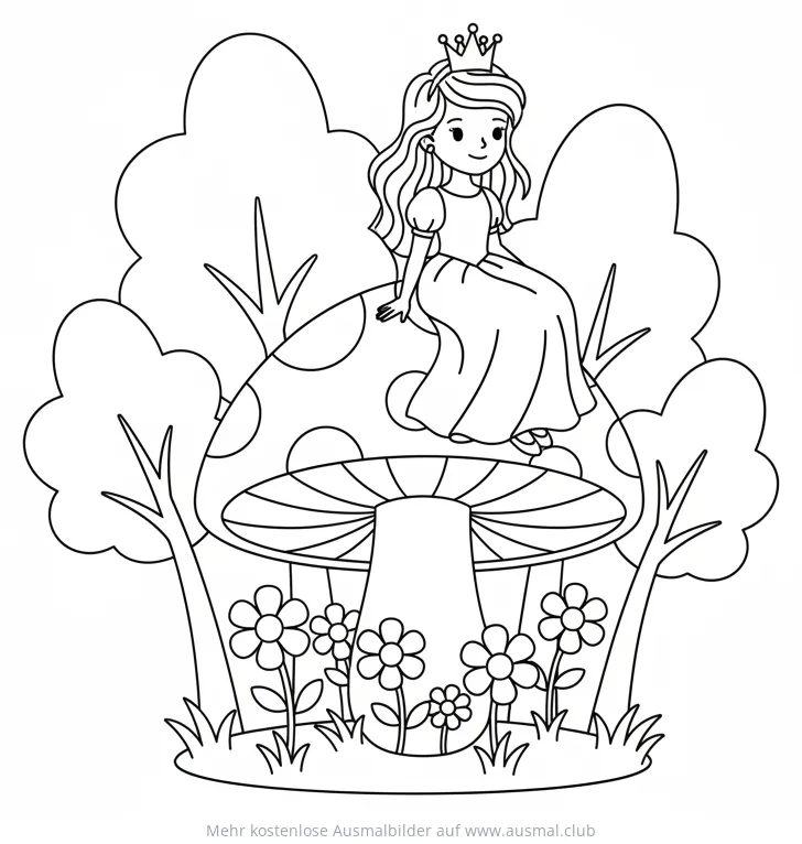Prinzessin mit Krone sitzt auf einem Pilz, umgeben von Blumen, Ausmalbild