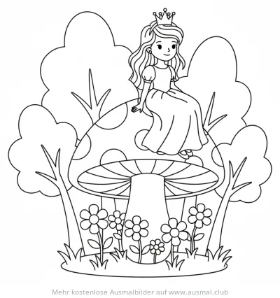 Prinzessin mit Krone sitzt auf einem Pilz, umgeben von Blumen, Ausmalbild