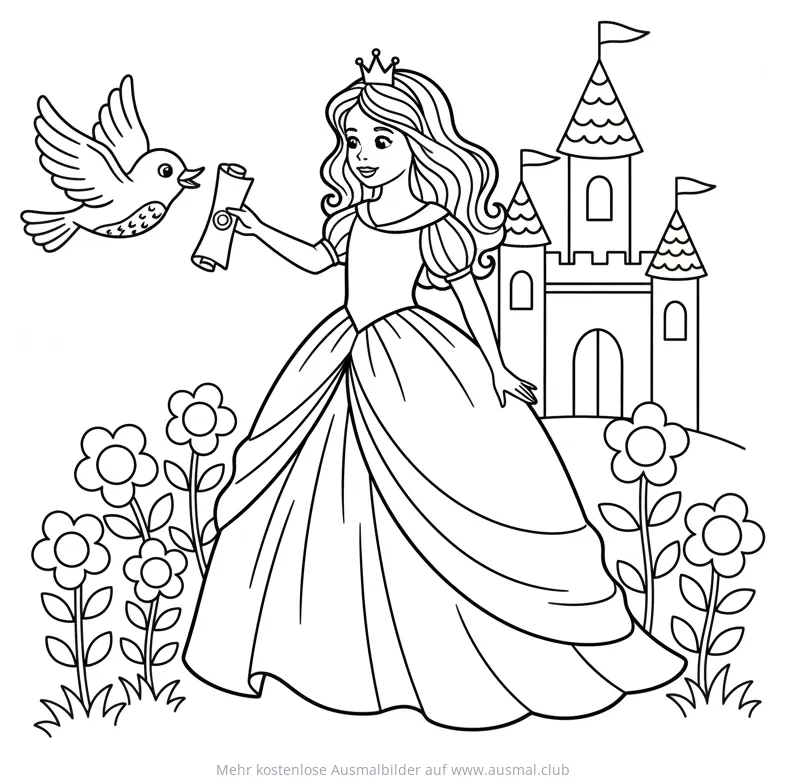Prinzessin erhält Brief von Vogel vor Schloss Ausmalbild