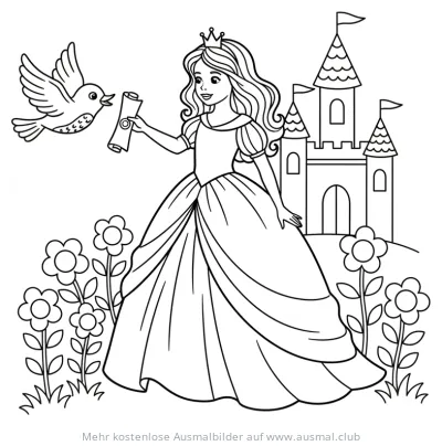 Prinzessin erhält Brief von Vogel vor Schloss Ausmalbild