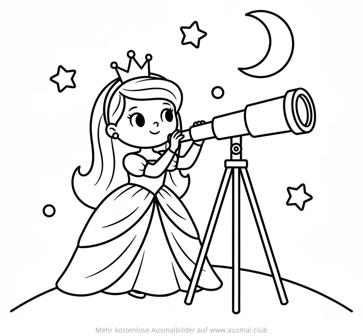 Prinzessin mit Krone beobachtet Sterne durch Teleskop Ausmalbild