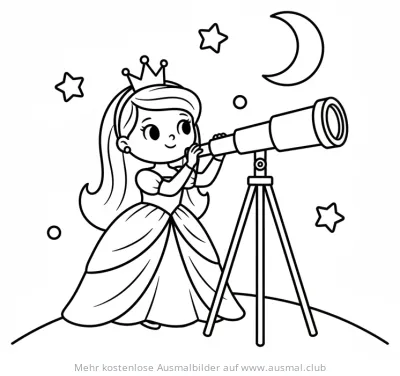 Prinzessin mit Krone beobachtet Sterne durch Teleskop Ausmalbild