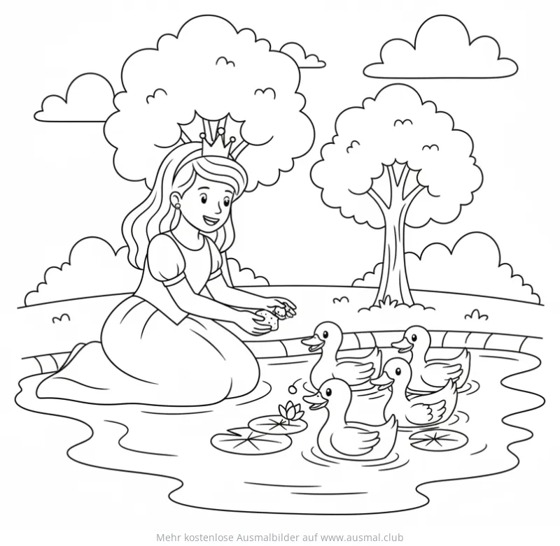 Prinzessin füttert Entenküken am See Ausmalbild