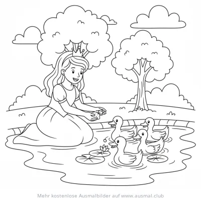 Prinzessin füttert Entenküken am See Ausmalbild