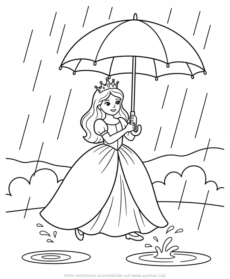 Prinzessin mit Krone und Regenschirm im Regen Ausmalbild