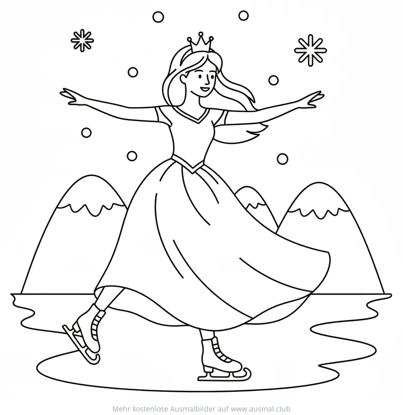 Prinzessin Eislaufen Ausmalbild vor Bergkulisse