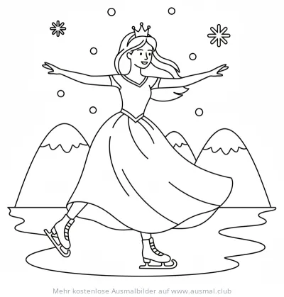 Prinzessin Eislaufen Ausmalbild vor Bergkulisse