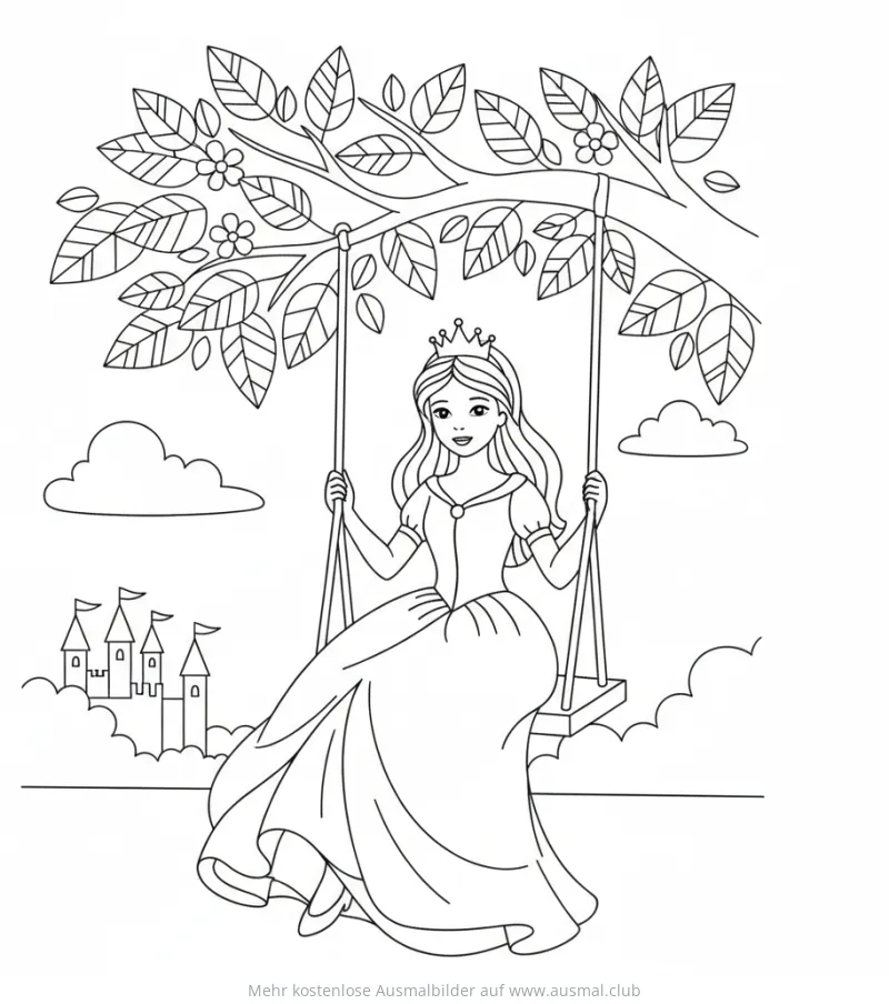 Prinzessin auf Schaukel vor Schloss Ausmalbild