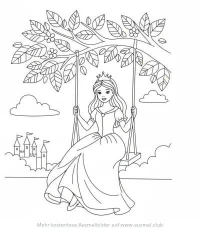 Prinzessin auf Schaukel vor Schloss Ausmalbild