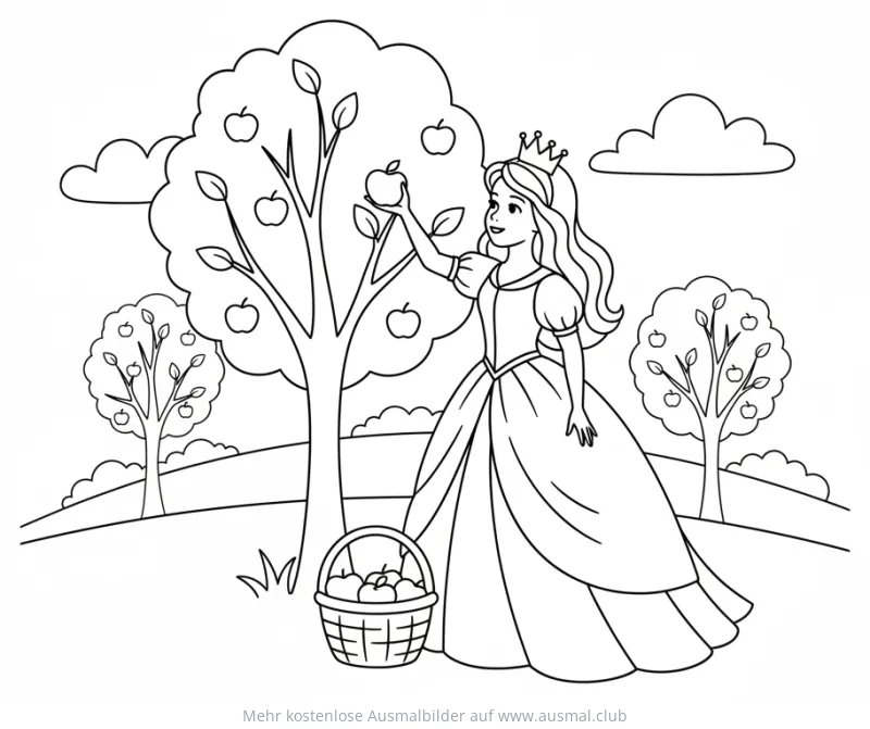 Prinzessin pflückt Äpfel Ausmalbild