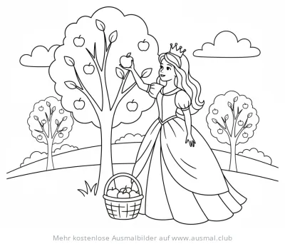 Prinzessin pflückt Äpfel Ausmalbild