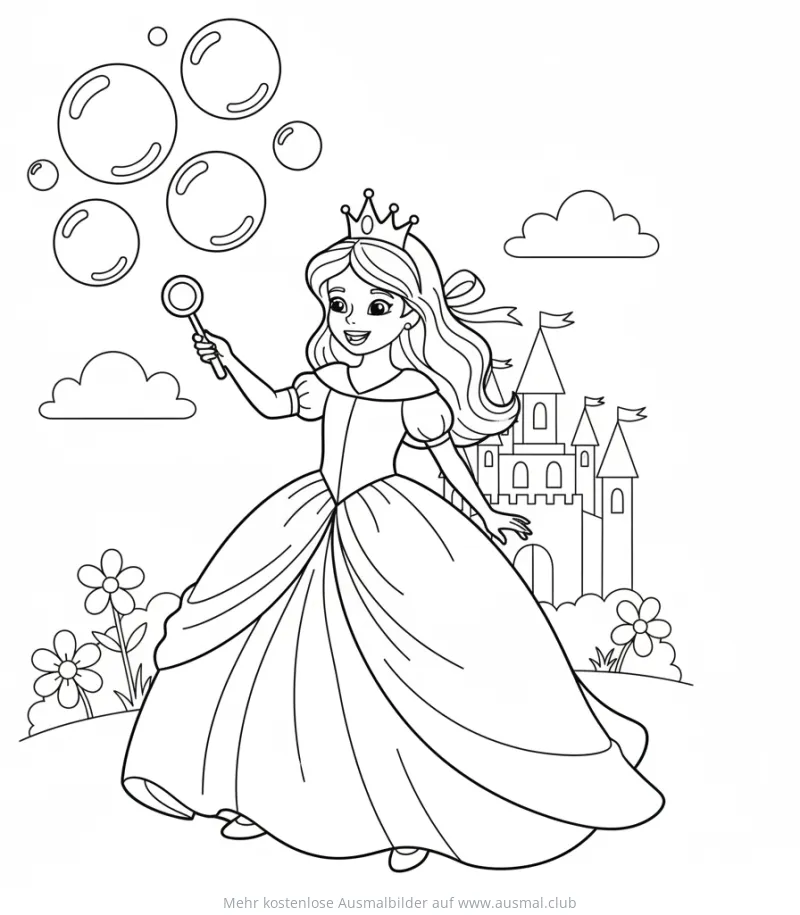 Prinzessin pustet Seifenblasen vor einem Schloss Ausmalbild