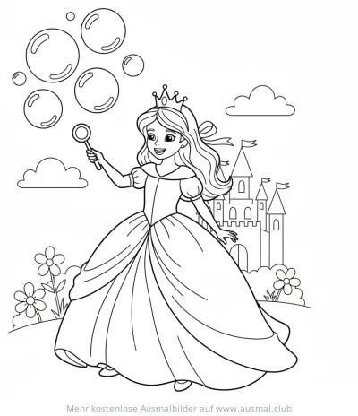 Prinzessin pustet Seifenblasen vor einem Schloss Ausmalbild