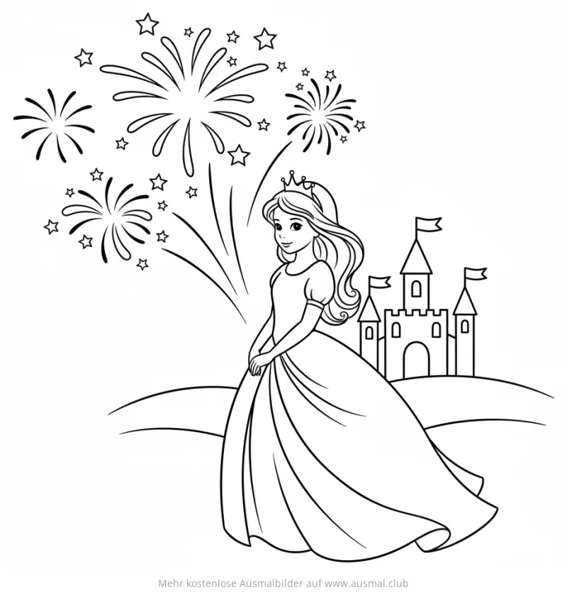 Prinzessin mit Feuerwerk und Schloss Ausmalbild