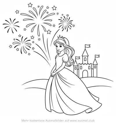 Prinzessin mit Feuerwerk und Schloss Ausmalbild