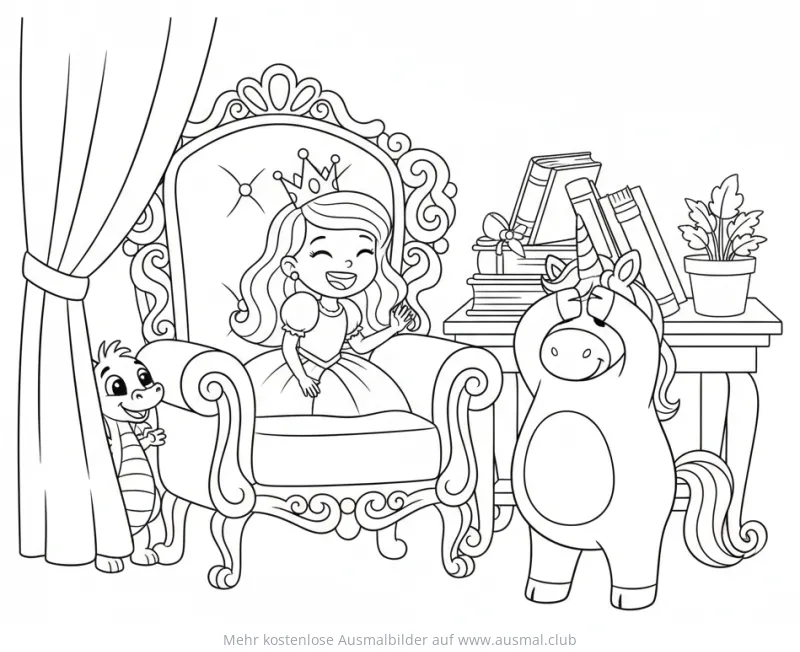 Prinzessin auf Thron mit Drache und Einhorn Ausmalbild