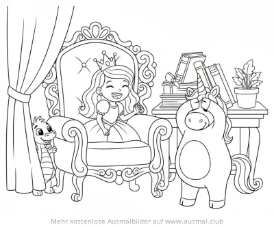 Prinzessin auf Thron mit Drache und Einhorn Ausmalbild