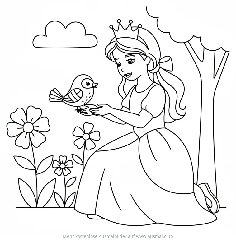 Prinzessin hält Vogel Ausmalbild