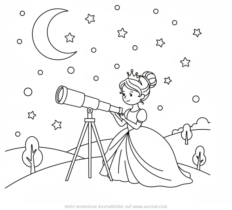 Prinzessin schaut durch Teleskop in Sternenhimmel Ausmalbild