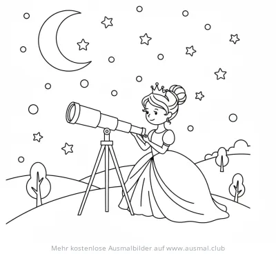 Prinzessin schaut durch Teleskop in Sternenhimmel Ausmalbild