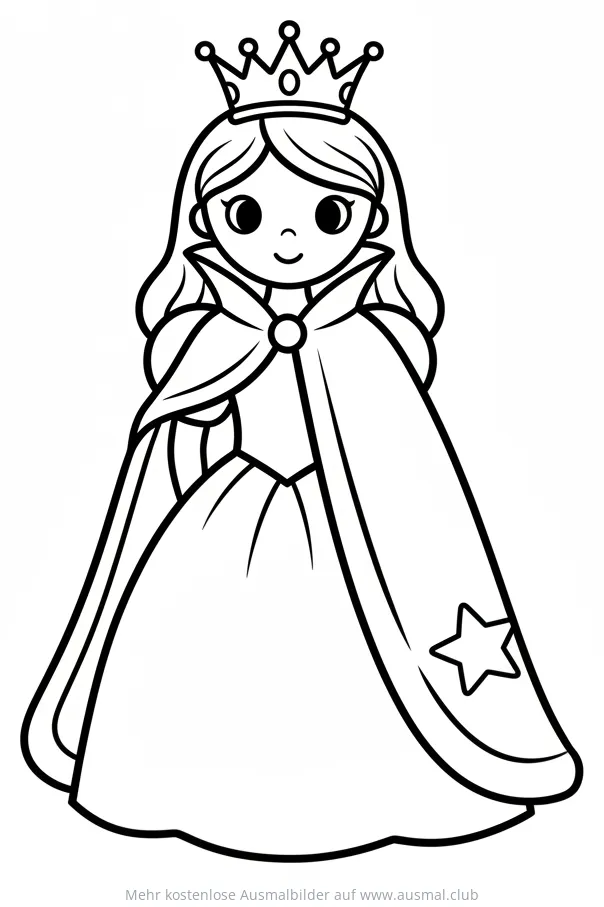Prinzessin mit Krone, Kleid und Umhang Ausmalbild