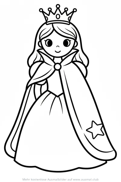 Prinzessin mit Krone, Kleid und Umhang Ausmalbild