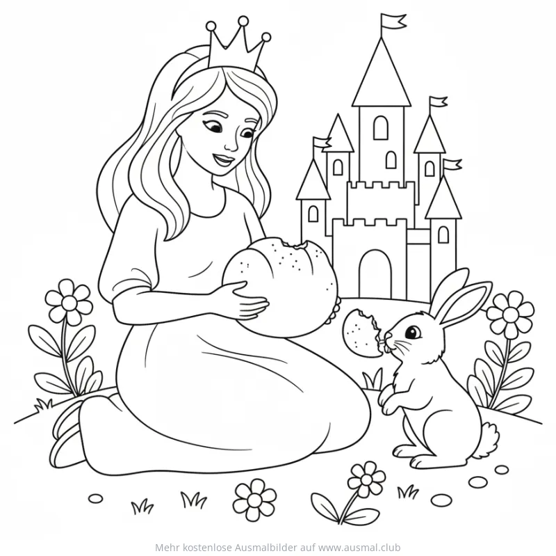Prinzessin mit Brot und Hase vor Schloss Ausmalbild