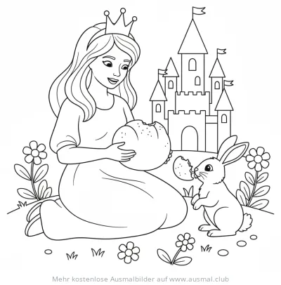 Prinzessin mit Brot und Hase vor Schloss Ausmalbild