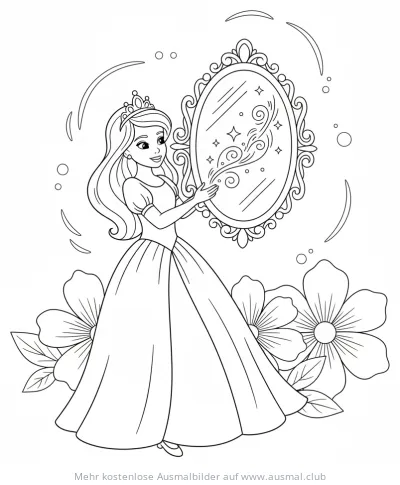 Prinzessin mit Spiegel und Blumen Ausmalbild