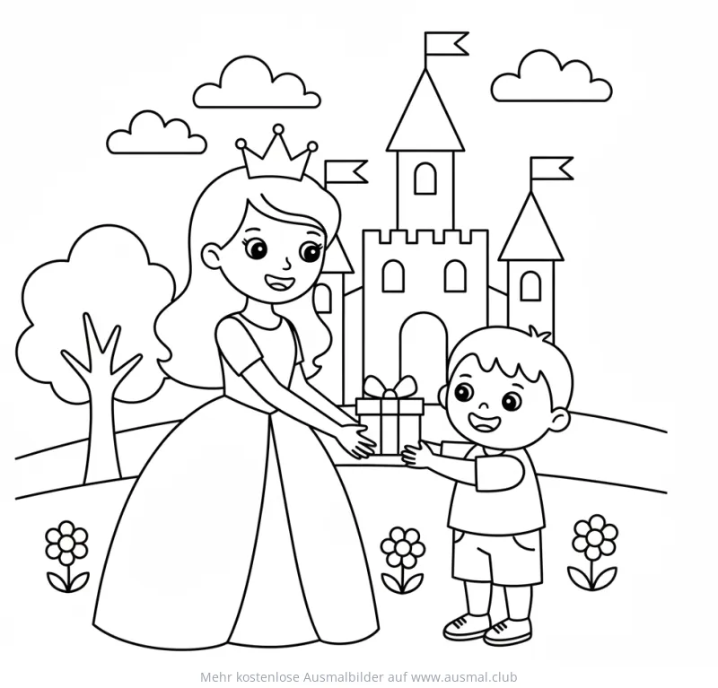 Prinzessin schenkt Junge ein Geschenk vor Schloss Ausmalbild