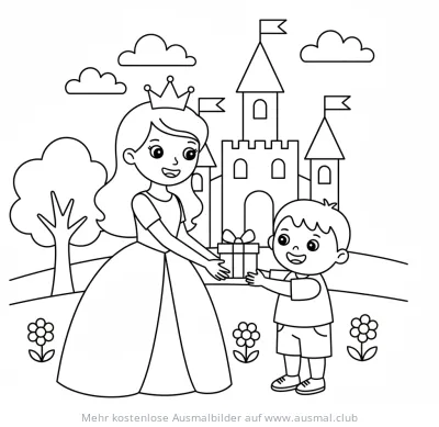 Prinzessin schenkt Junge ein Geschenk vor Schloss Ausmalbild