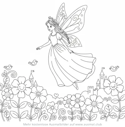 Prinzessin mit Flügeln über Blumenwiese Ausmalbild