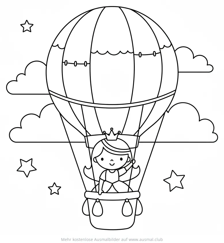 Prinzessin mit Krone im Heißluftballon Ausmalbild
